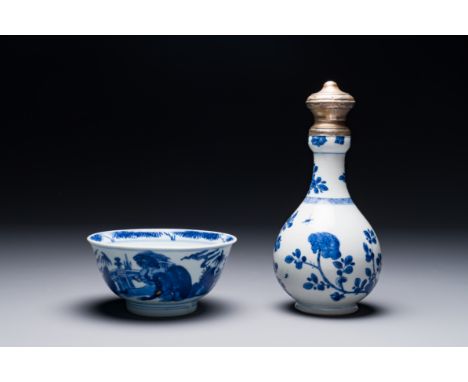 A Chinese blue and white bowl and silver mounted vase, Shen De Tang Zhi æ…Žå¾·å&nbsp;‚è£½ mark, KangxiH.: 23,5 cm (the vase)D