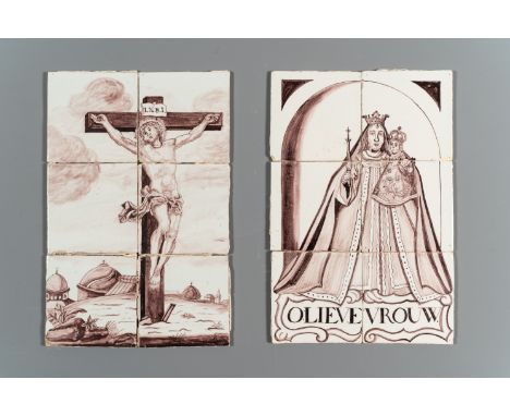 Two Dutch Delft manganese tile murals with 'The Crucifixion' and 'The Madonna with Child', probably Rotterdam, 2nd half 18th 