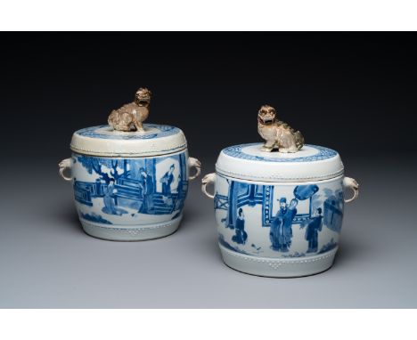 A pair of Chinese blue and white drum-shaped jars and cover, Jiajing mark, Kangxi H.: 22 cm (incl. cover)Ref.:    The Rijksmu