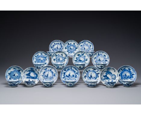 13 Chinese blue and white cups and 14 saucers with figural and dragon design, Kangxi/YongzhengDia.: 11,5 cm (the largest sauc