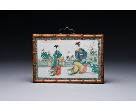 A Chinese rectangular famille verte plaque in wooden faux bamboo frame, Kangxi Dim.: 28 cm x 19 cm