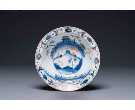 A Chinese Imari-style 'klapmuts' bowl with landscape design, ex-collection of August the Strong, KangxiDia.: 19,7 cm - H.: 8 