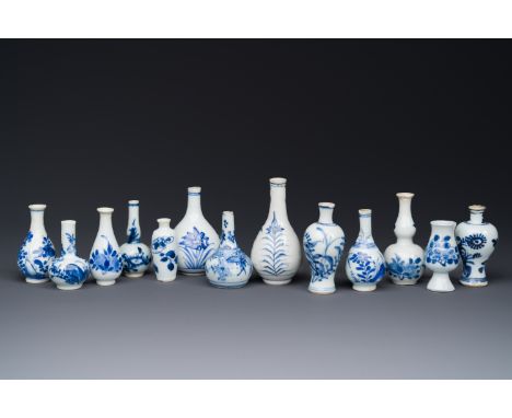 Thirteen Chinese blue and white miniature vases with floral design, KangxiH.: 8,5 cm (the tallest)