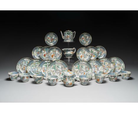 A rare Chinese Canton famille verte 27-piece tea service, 19th C.L.: 15 cm - H.: 13,5 cm (the sugar bowl, incl. cover)L.: 21,