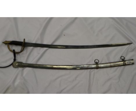 A 20th century cavalry sabre, with wired leather bound grip and brass guard, with steel scabbard. Not available for in-house 