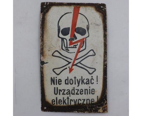1940s Polish enamel warning sign, danger of electrocution, 22 x 10 cm. UK P&amp;P Group 2 (£20+VAT for the first lot and £4+V