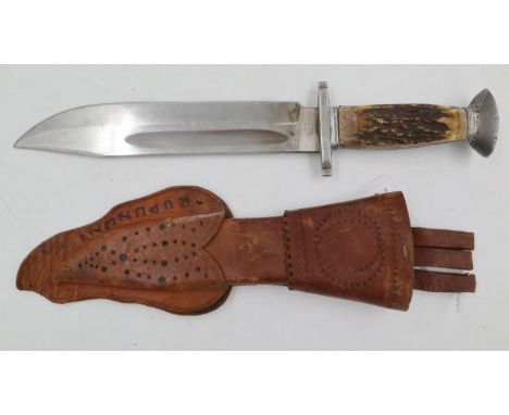 Carl Freidrich Ern (Solingen) German bowie style hunting knife with leather sheath. UK P&amp;P Group 2 (£20+VAT for the first