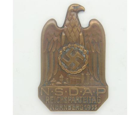 Early NSDAP bronze 1933 Nuremburg Rally badge, lacking pin. UK P&amp;P Group 0 (£6+VAT for the first lot and £1+VAT for subse
