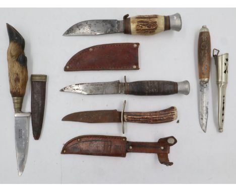Five vintage hunting knives with sheathes, no makers marks. UK P&amp;P Group 2 (£20+VAT for the first lot and £4+VAT for subs