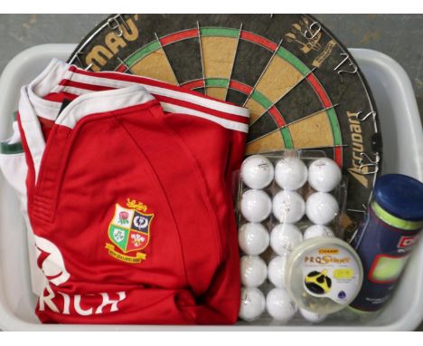Mixed sporting goods, including Rugby League shirts, dart board, golf balls etc. UK P&amp;P Group 3 (£30+VAT for the first lo