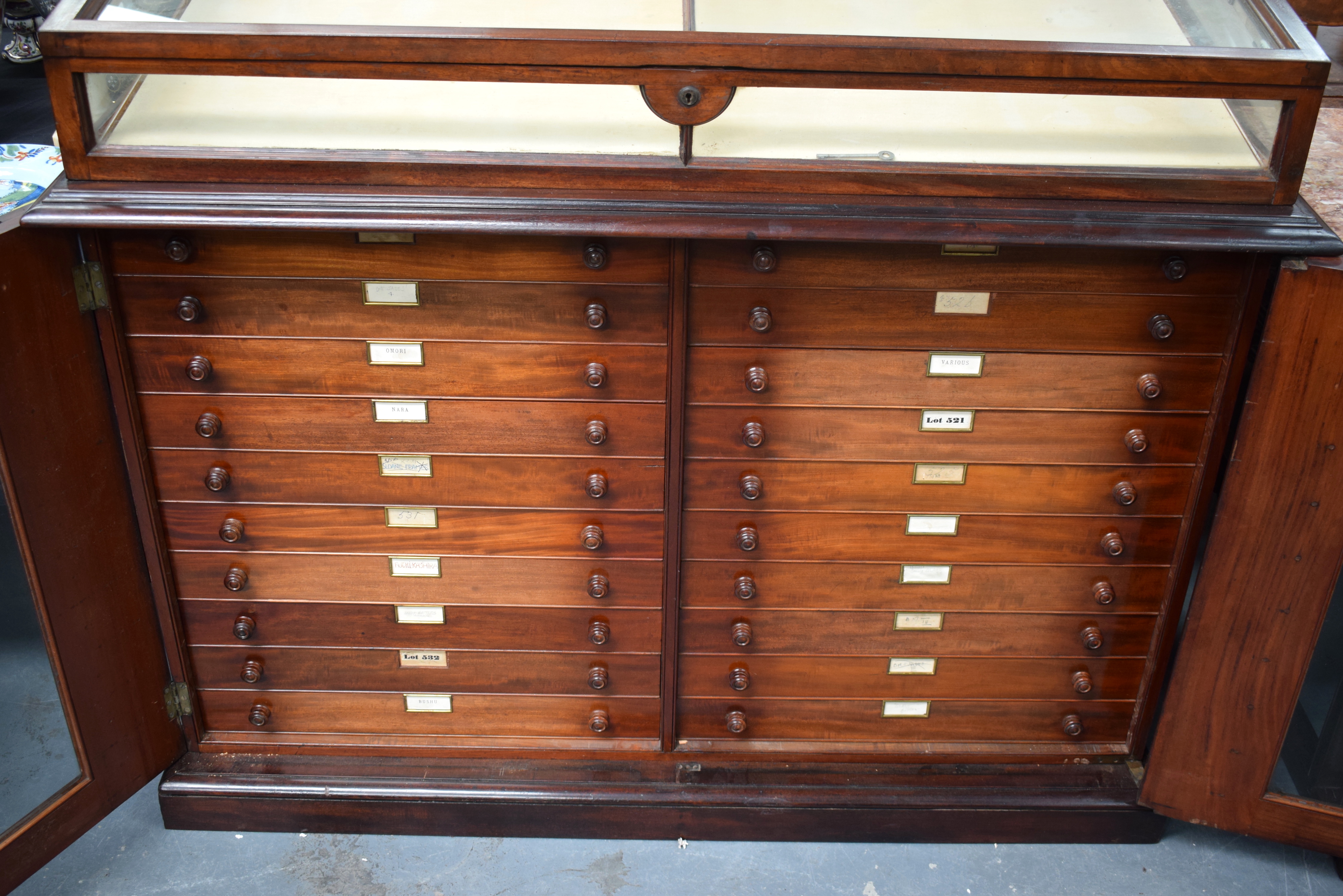 A FINE LARGE PAIR OF ANTIQUE MUSEUM DISPLAY CASES with rising tops and