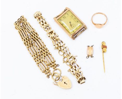 A 9ct gold gate bracelet with padlock clasp engraved to the front (hallmark rubbed) together with a 9ct three-bar gate bracel