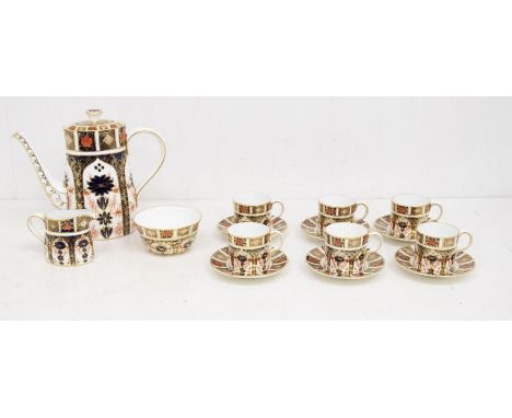 Royal Crown Derby coffee set, Imari 1128 pattern: coffee pot, cream jug, sugar bowl, six coffee cans and six saucers. First q