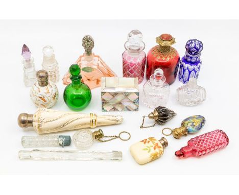 A collection of glass scent bottles to include: Victorian Aesthetic silver mounted porcelain bottle decorated with wheat, eng