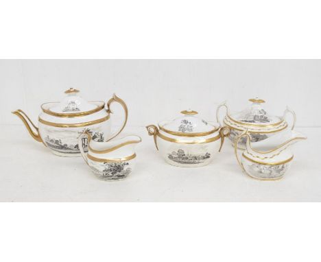 A collection of 19th century English porcelain, printed wares including teapot, sucriers, milk jugs, cups, saucers and cans. 