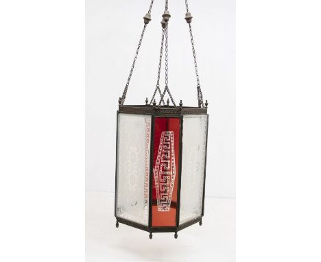 **** RE-OFFER NOVEMBER - £20 - £30 ****A Victorian style shaped octagonal glass and metal hall lantern, etched clear and ruby