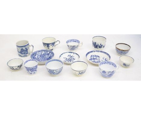 Small selection of 18/19th Century blue and white porcelain including tea bowl, cups, saucers, Worcester, Lowestoft, Caughley
