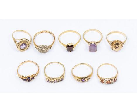 A collection of nine 9ct gold gem set rings to include amethyst, diamond, citrine ruby, paste etc, various sizes, combined to