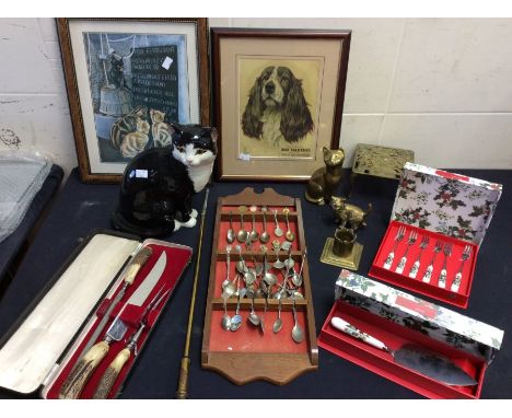 Pollyanna Pickering print, Bob Martins powder print, ceramic cat, brass cats, collection of teaspoons in stand, boxed and cas