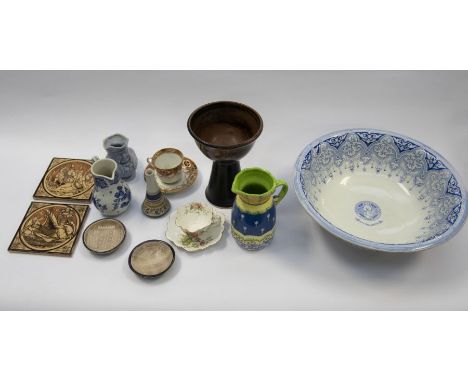 A collection of china wares, cabinet plates, with certificates, Spode wash bowl, tiles, 1930's mug, vases etc