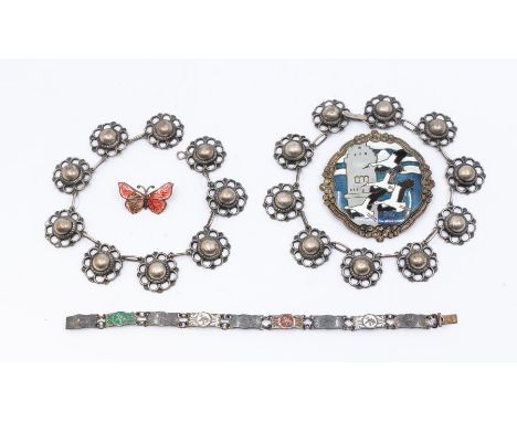 A Scandinavian silver 800 standard necklace, floral links, approx 44cm, approx 56gms (af); a Swedish enamelled brooch, commem