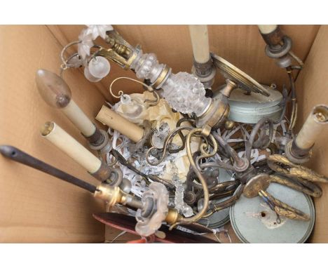 Quantity of early 20th Century brass and glass light fittings, mixture of wall- and ceiling-mounted, untested and as found