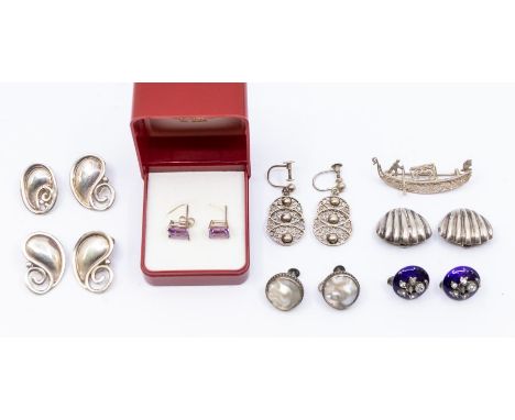 A pair of Norwegian silver clip-on earrings, stamped 830 HS; a pair of white metal clip-on earrings; a pair of white metal fi