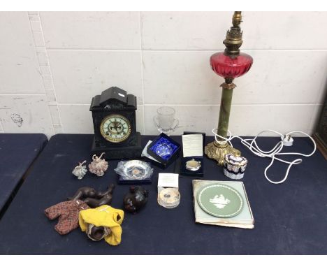 Box of various items including slate clock and cranberry lamp&nbsp;