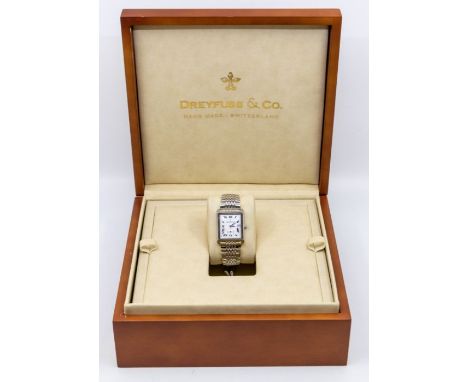 Dreyfuss & Co- a steel cased gents wristwatch, comprising rectangular silvered dial with black numeral hour markers, date ape