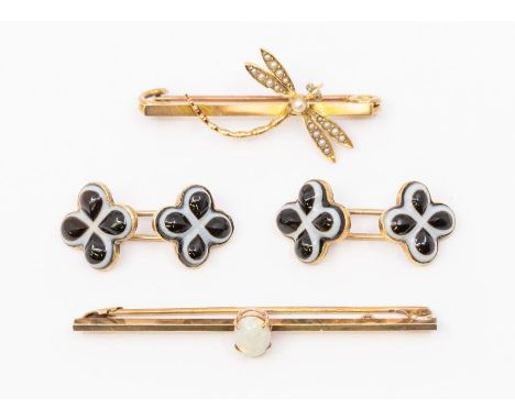 An early 20th century pearl and diamond set 9ct gold dragonfly brooch, the wings set with small seed pearls, the eyes with di