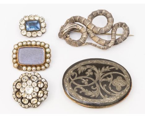 A collection of four19th century brooches, to include a pearl set mourning brooch in rose metal probably 9ct gold (one pearl 