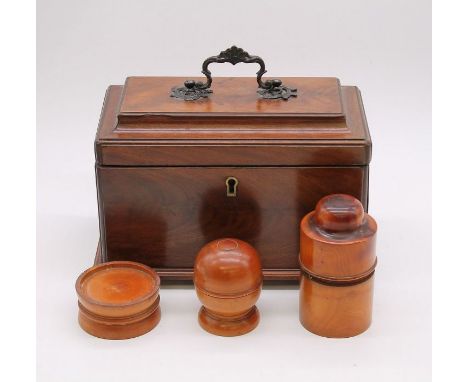 A 19th Century mahogany tea caddy, fitted interior (lead lining and covers missing), domed cover with carrying handle togethe
