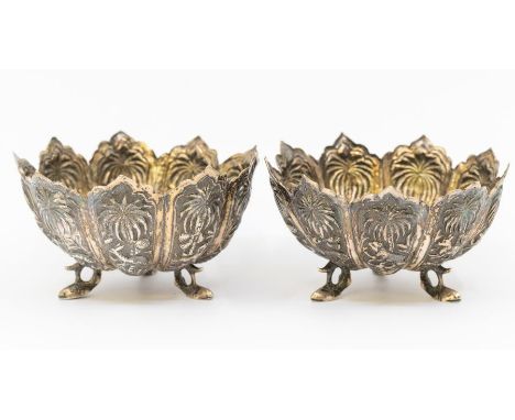 A pair of Indian silver leaf shaped bonbon dishes and a fiddle pattern plated serving fork (3)&nbsp;