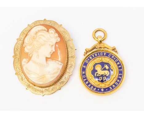 A 9ct gold and enamel Preston District Cricket League medallion fob, weight approx 8.7gms along with a 9ct gold mounted cameo