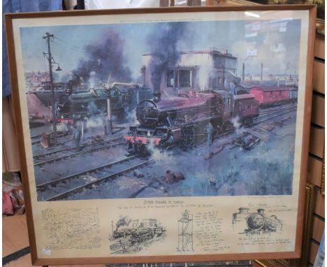 Framed print by Cuneo, 1968, of a steam engine, along with an unframed print of Bentley's taking part in Le Mans by the same 