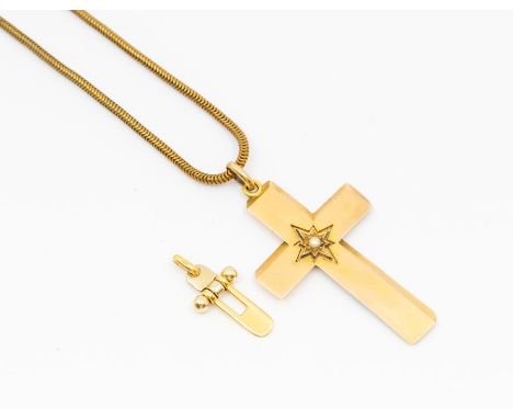 A Victorian pearl set yellow metal large cross, star set to the centre with a half pearl, length approx 75mm, along with a gi