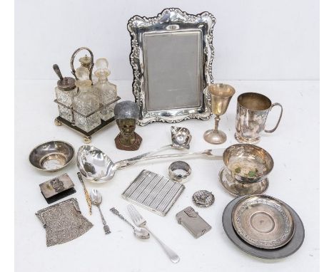 A collection of plate, EPNS, EP to include: Art Nouveau style picture frame, velvet easel backed; fiddle pattern soup ladle, 