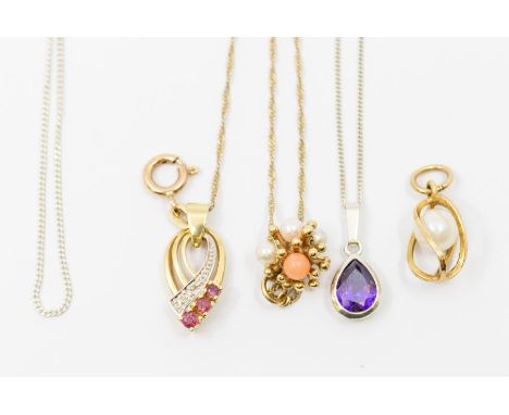 A 9ct gold ruby and diamond pendant and chain along with a 9ct gold and pearl pendant etc&nbsp;