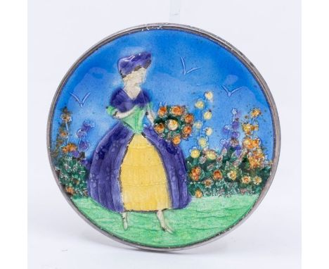 A silver enamelled brooch, oval from depicting a female figure in a garden, Birmingham 1947 size approx 45mmFurther details: 