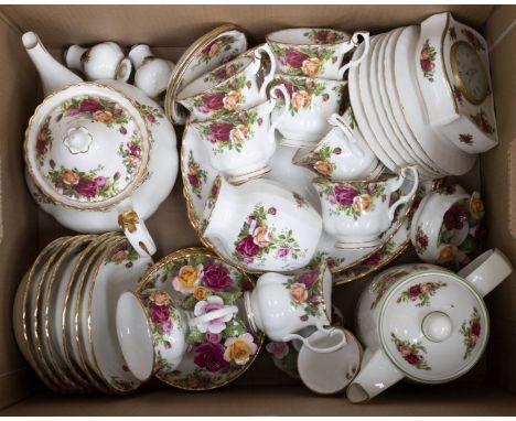 Royal Albert Old Country Roses full tea service including teapot, hot water pot, six bowls, four dinner plates, two cake plat