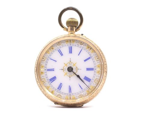 A ladies 14ct gold pocket watch, white enamel dial with blue roman numeral markers, gilt floral decoration, case approx 33mm,