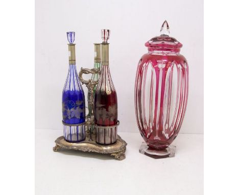 &nbsp;Early 20th Century coloured glass table decanter of three, along with ruby and clear glass Liddon vase