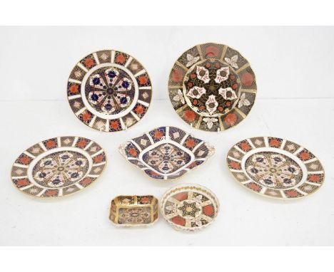 A collection of Royal Crown Derby 1128 Imari items including two medium plates and pin dish, first quality, medium 1128 plate