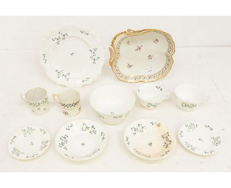 A pair of 19th Century Derby scallop shaped serving dishes, sprig patterns with scrolling borders, puce marks to bases togeth