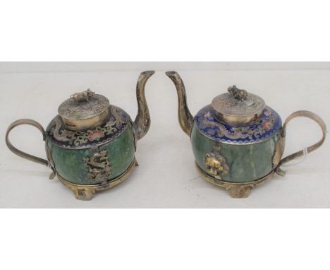 A pair of early 20th Century Chinese white metal hardstone and enamel miniature teapots, signed to base