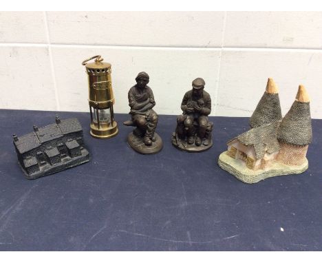 Mining Interest; two miners figures cottages made from coal, small miners lamp and a David Winter mill