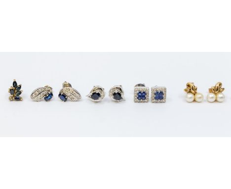 Three pairs of 18ct white gold sapphire and diamond earrings, combined total gross weight approx 8.5gms along with two pairs 