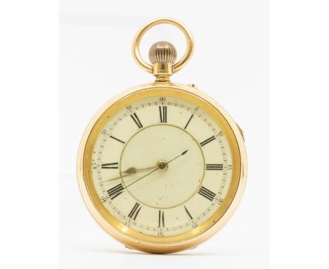 A early 20th Century 18ct gold open faced pocket watch, white enamel dial with roman numeral markers, outer seconds track, ca