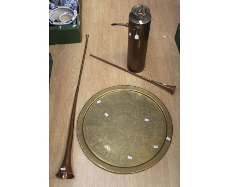 Large collection of brass wares; including horse brass, wall hanging horns, candlesticks, chargers, vintage lamp, ashtrays, v