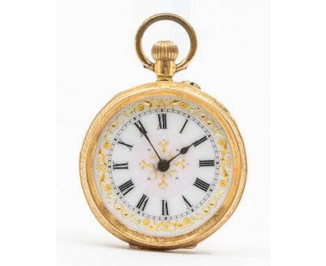 A ladies 18ct gold open faced pocket watch, blush enamel gilt decoration to dial, floral decoration to case, approx 34mm, mis